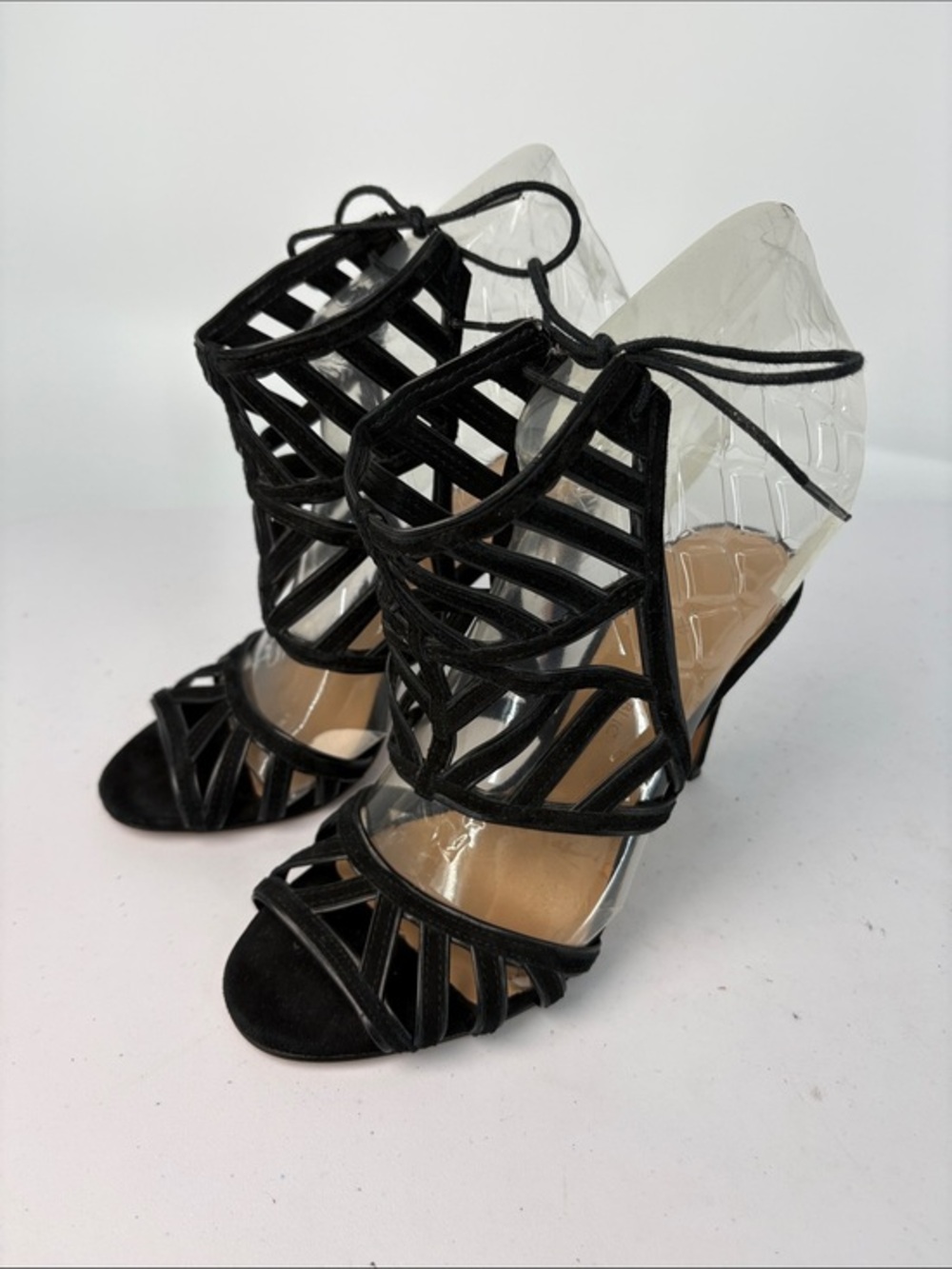 🌪️ Banana Republic leather and suede cage Black Strappy Lace-Up Heeled Sandals